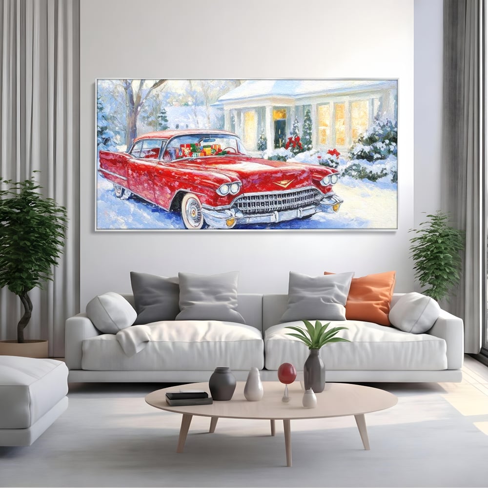 Tablou canvas cu tablou canvas cu masina vintage rosie iarna, in rama de aluminiu argintiu, pe perete intr-un living